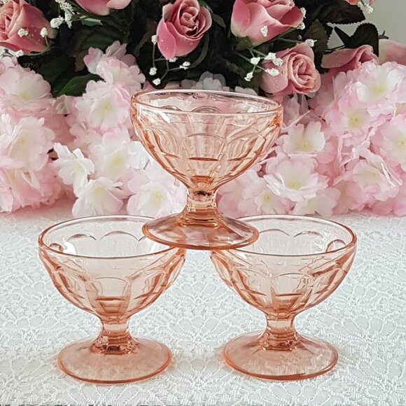 3pc Hazel Atlas Colonial Block Pink Depression Glass Champagne Sherbet Glass - Picture 9 of 9